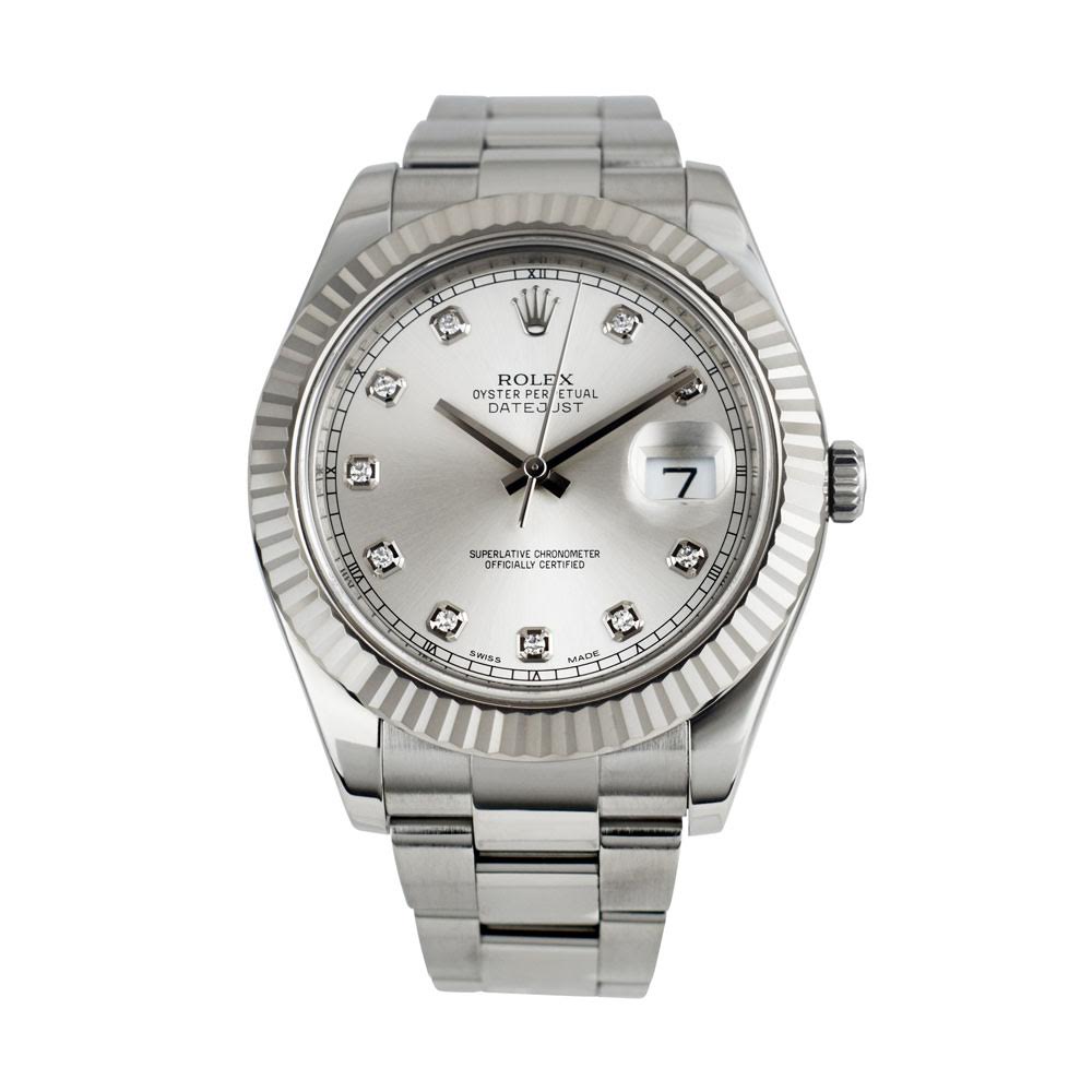 ROLEX Men's 41mm 18kt White Gold & Stainless Steel DateJust II Silver Diamond Dial Model 116334