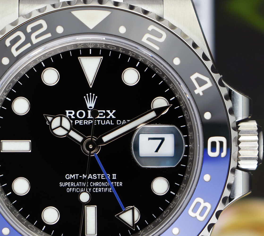 ROLEX  Stainless Steel GMT Master II Blue Black Bezel "Batman" Index Dial Model 126710