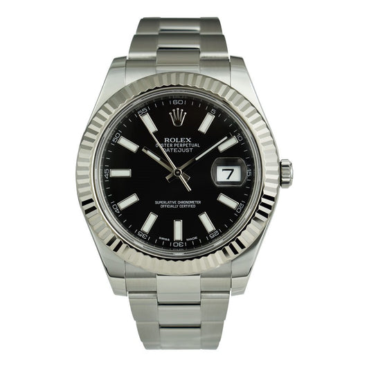 ROLEX 41mm 18kt White Gold & Stainless Steel DateJust II Black Index Model 116334